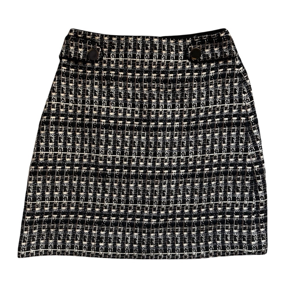 Ann Taylor Petite Tweed Mini Skirt Black White Metallic 2P Button Detail Lined - Picture 2 of 9